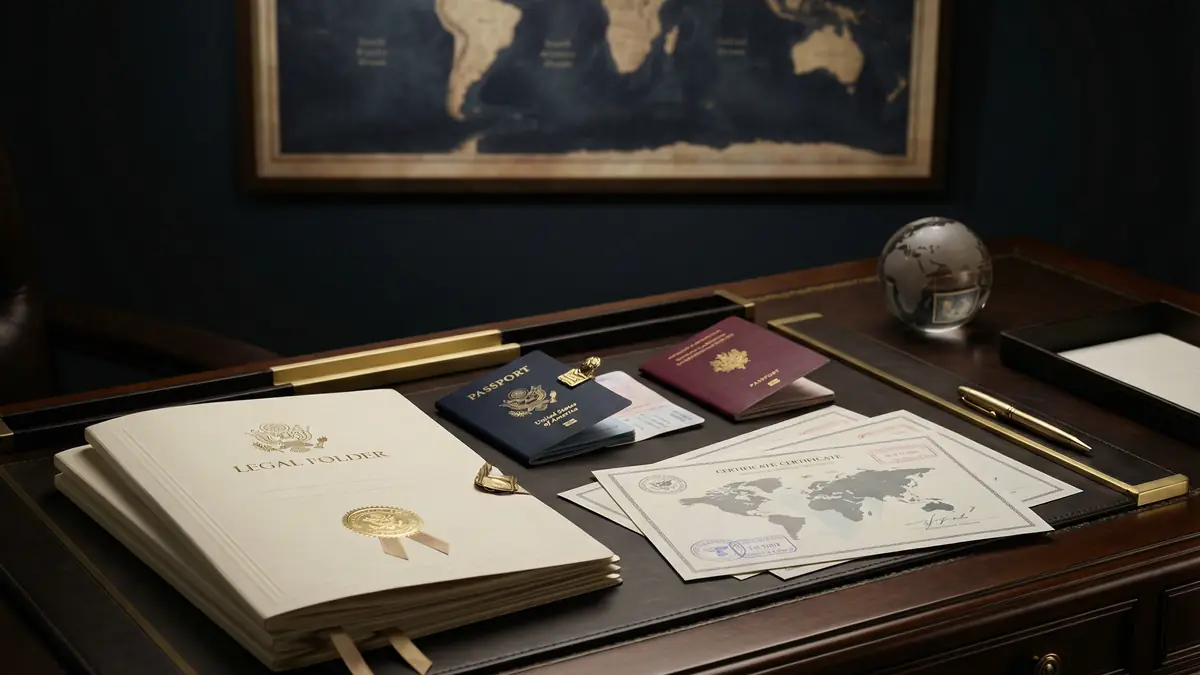 Legal folder, passports and certificates prepared for a visa application