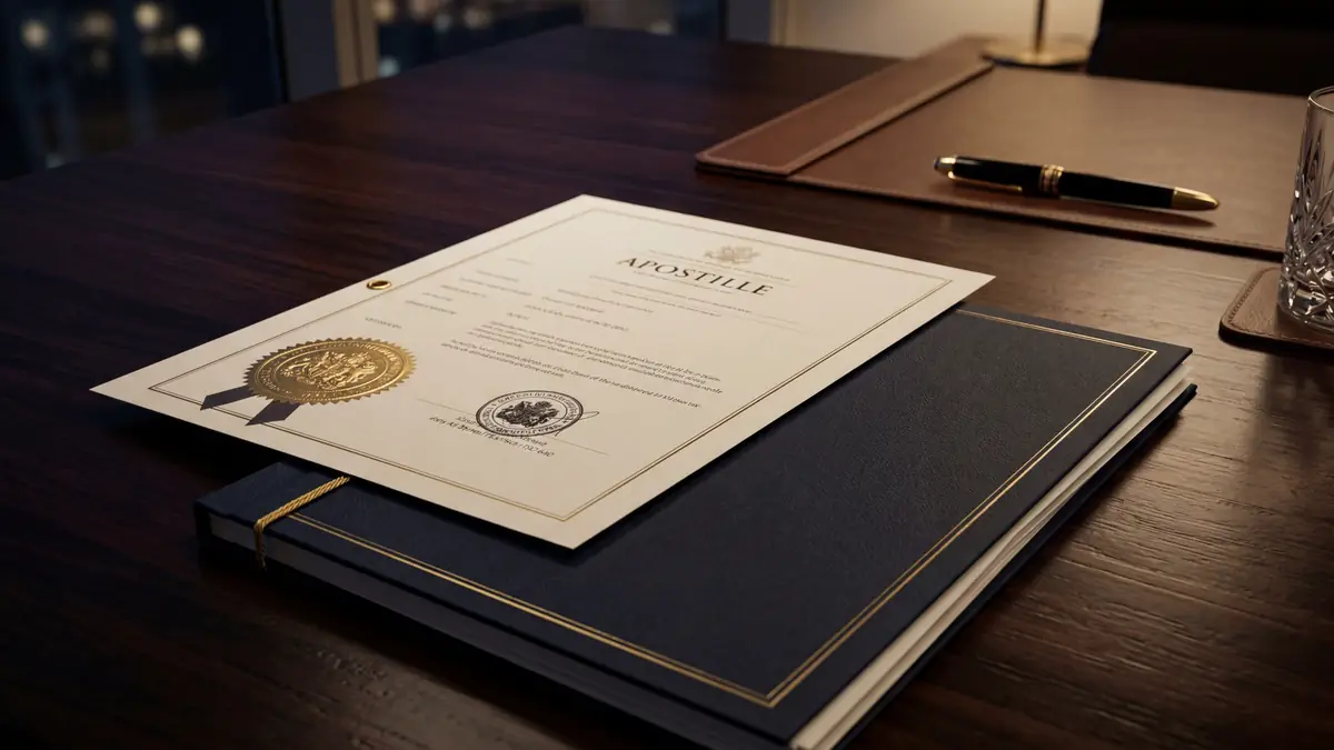 Apostille certificate on an office desk