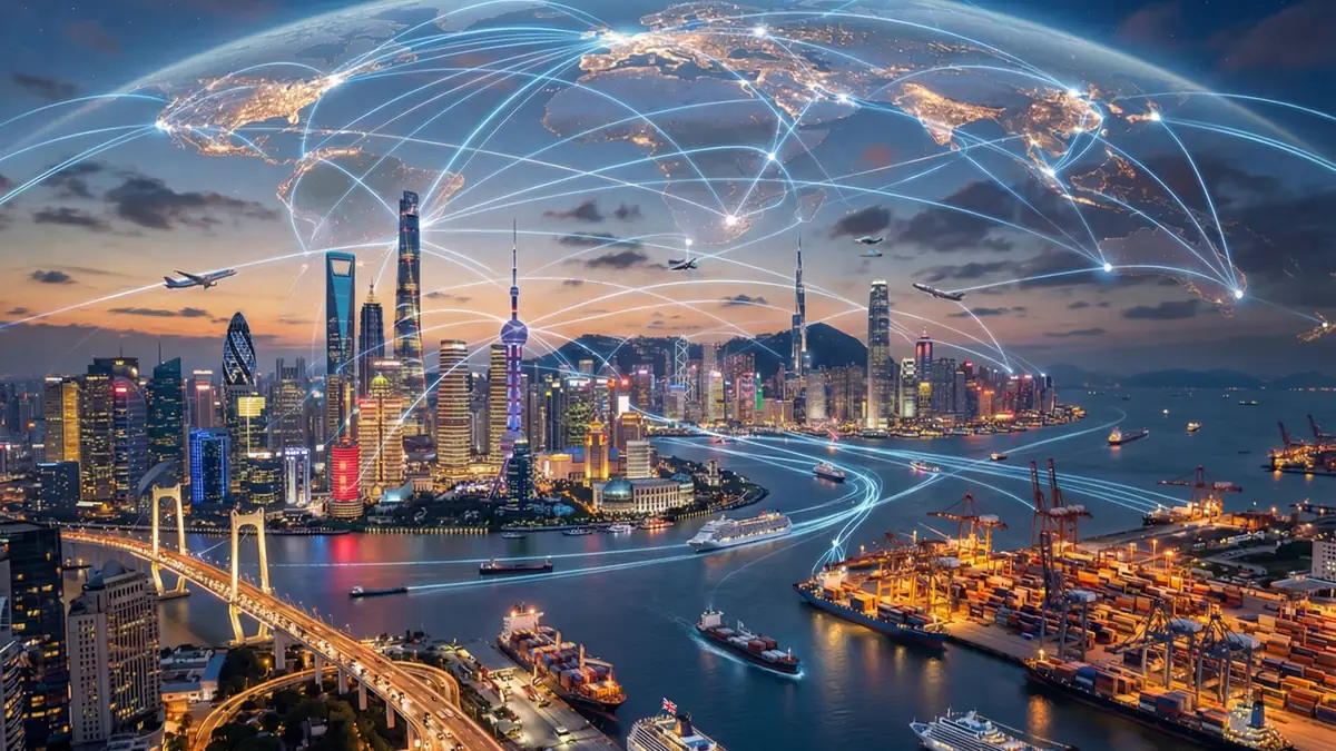 Port and skyline of an Asian city with international trade routes