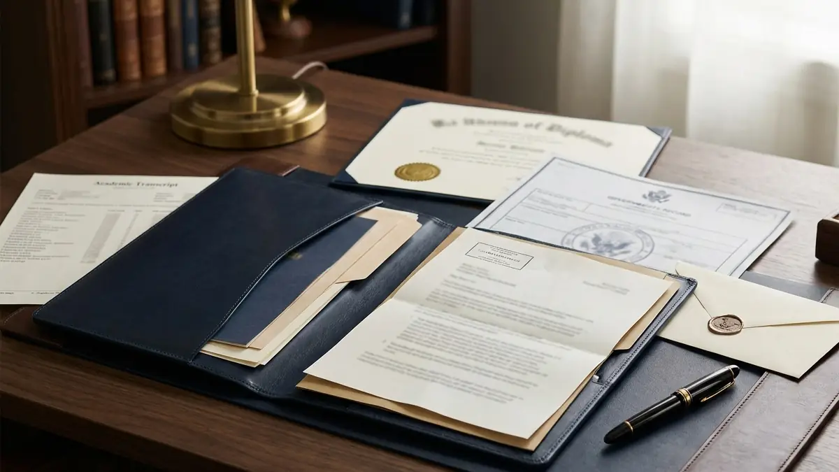 Diploma e certificato dei voti su una scrivania, pronti per l'apostille