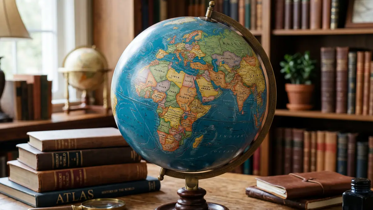 Globo terráqueo y documentos sobre un escritorio, representando trámites internacionales