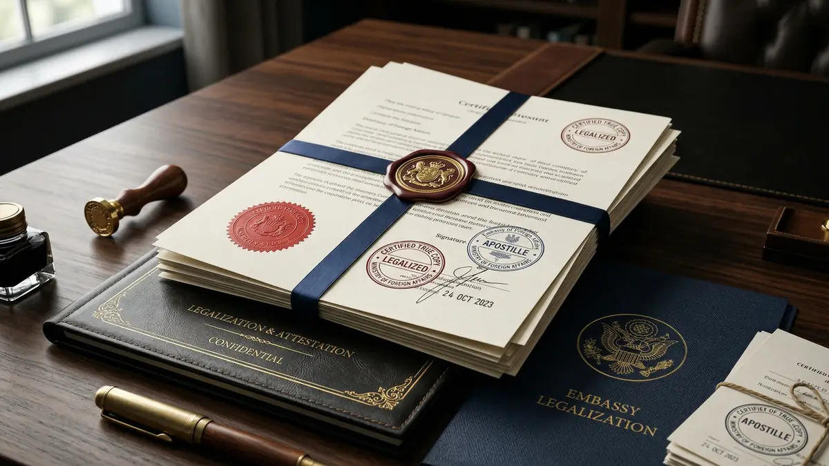 Documentos de legalización preparados para presentar ante una embajada