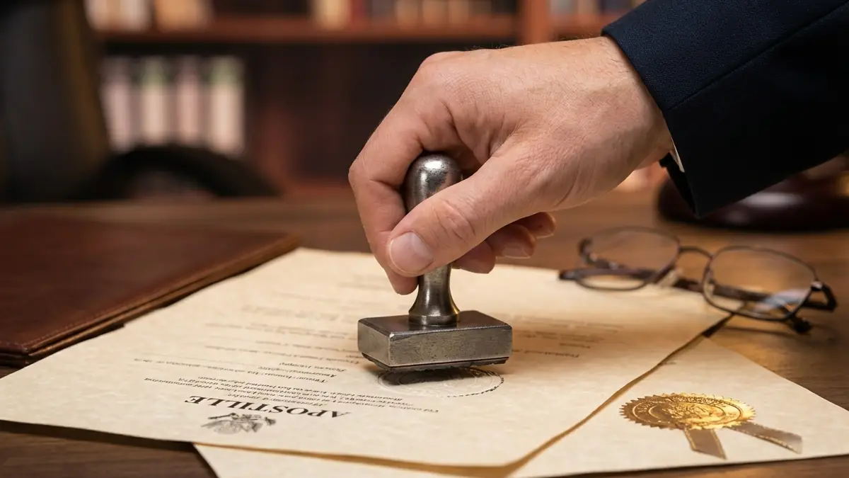 Funcionario colocando un sello de apostilla sobre un documento