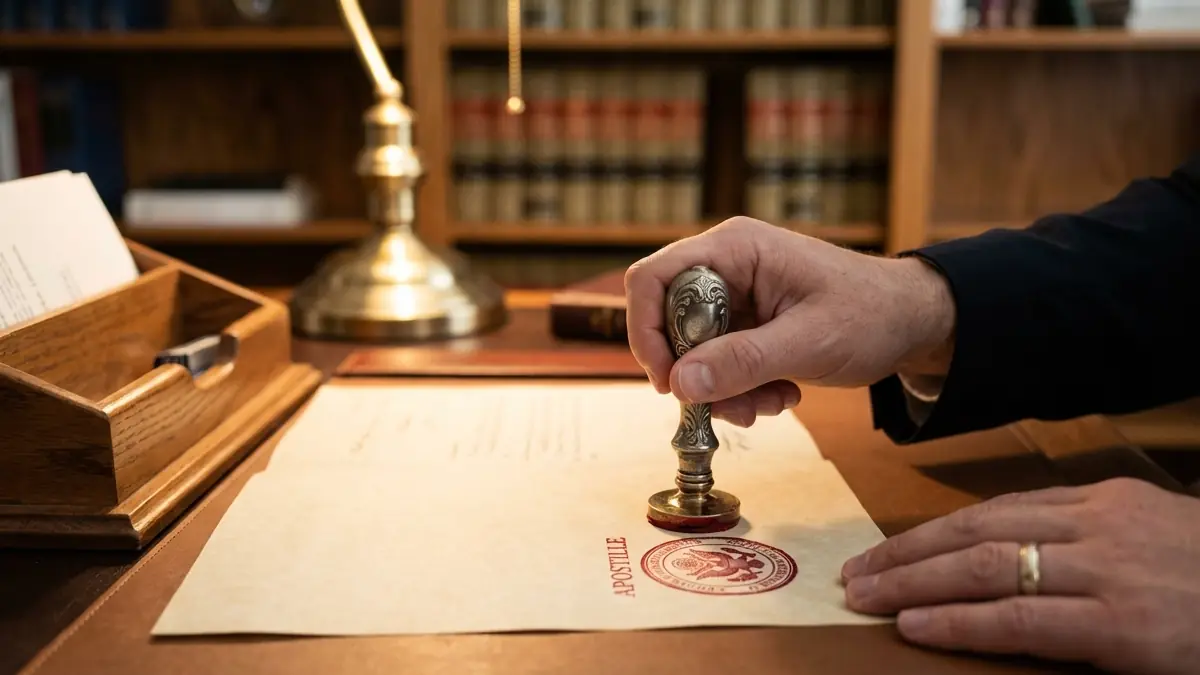 Sello notarial siendo aplicado sobre un documento con lacre